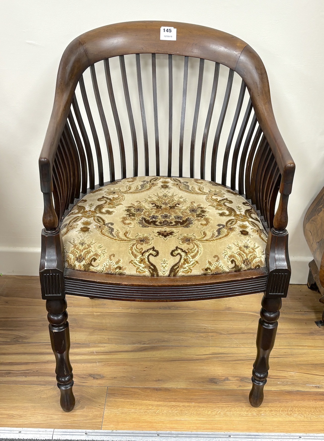 A late Victorian mahogany tub framed elbow chair, width 51cm, depth 47cm, height 82cm